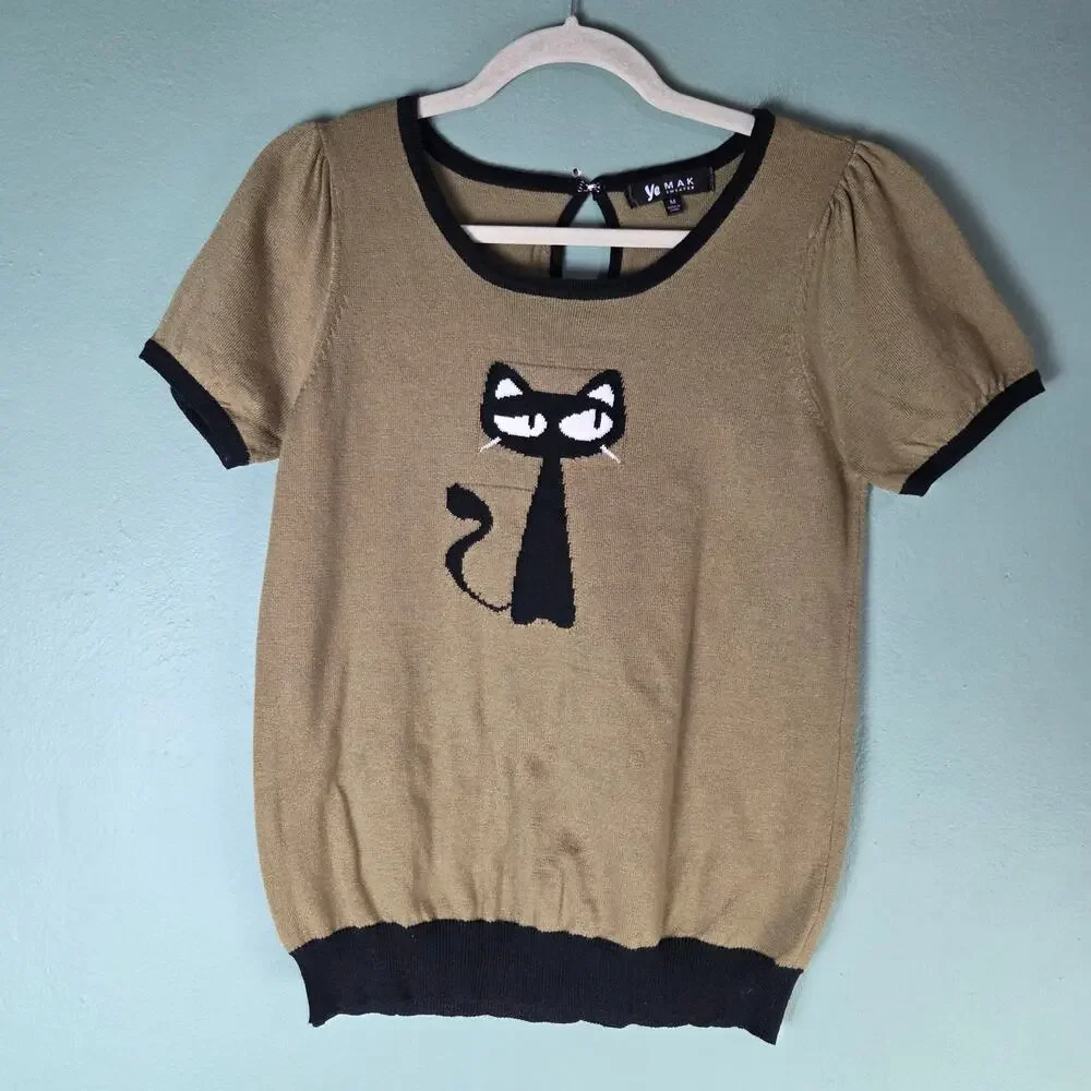 Yemak Womens Medium Short Sleeve Crewneck Cat Print Casual Sweater Retro Pinup